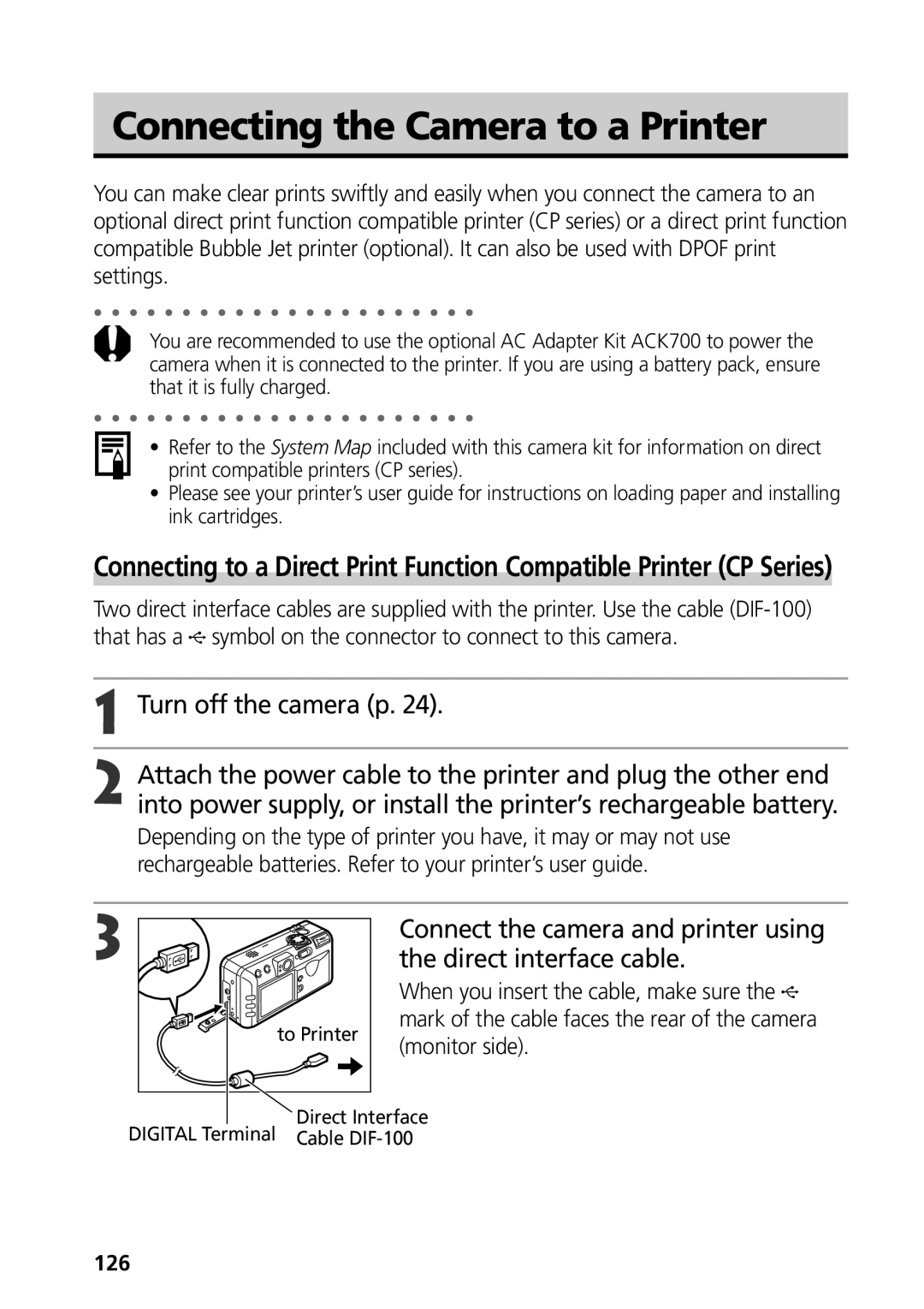 Canon S50 manual Connecting the Camera to a Printer, 126 