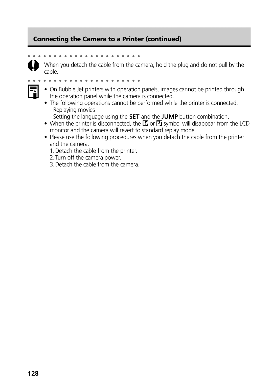 Canon S50 manual Connecting the Camera to a Printer, 128 