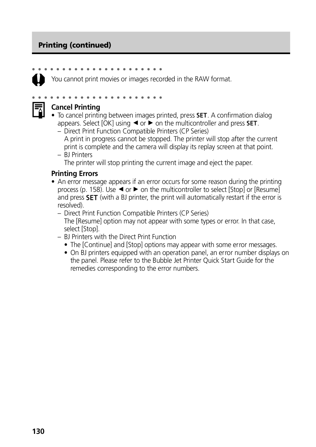 Canon S50 manual Cancel Printing, Printing Errors, 130 