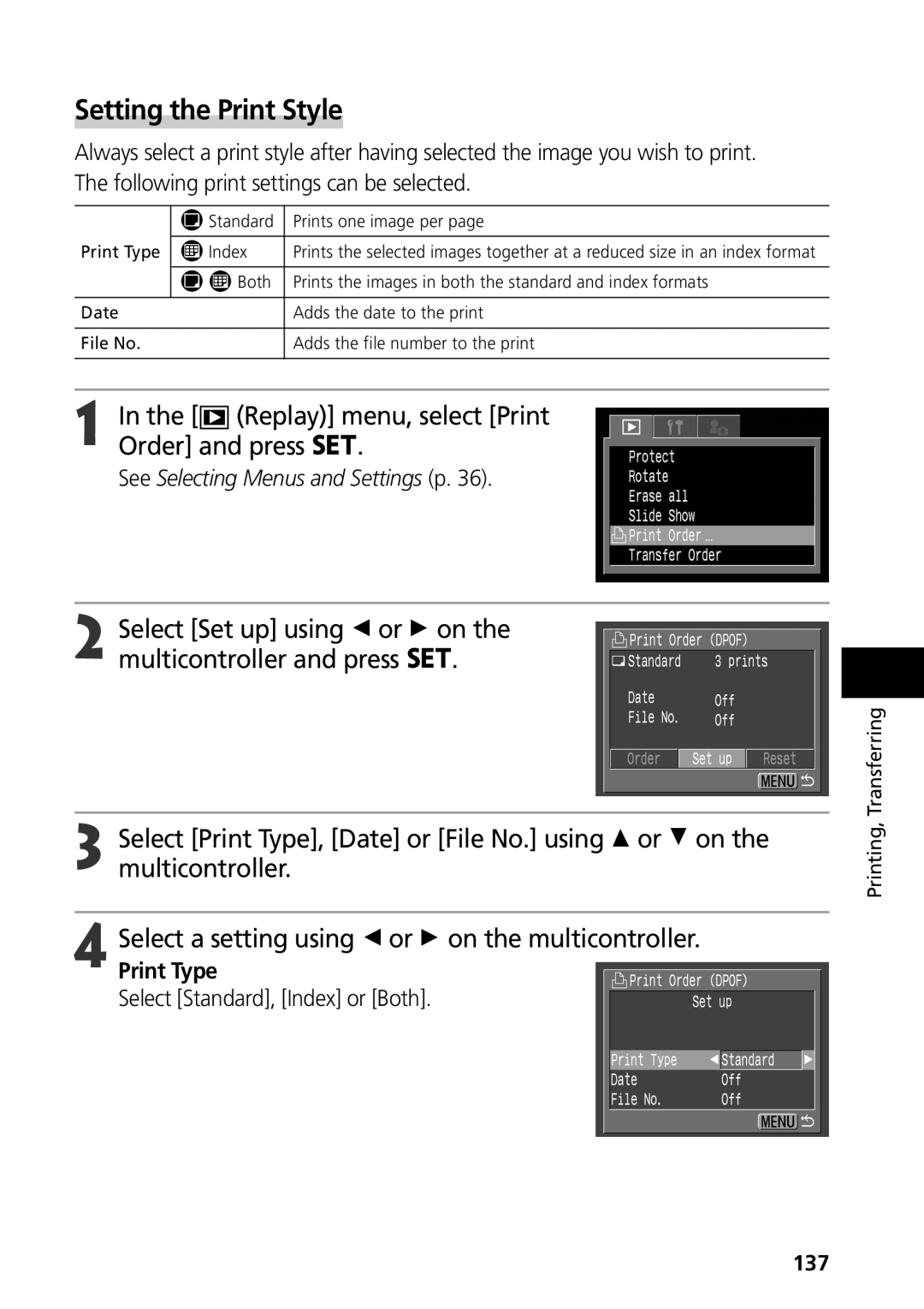 Canon S50 manual Print Type, Select Standard, Index or Both, 137 