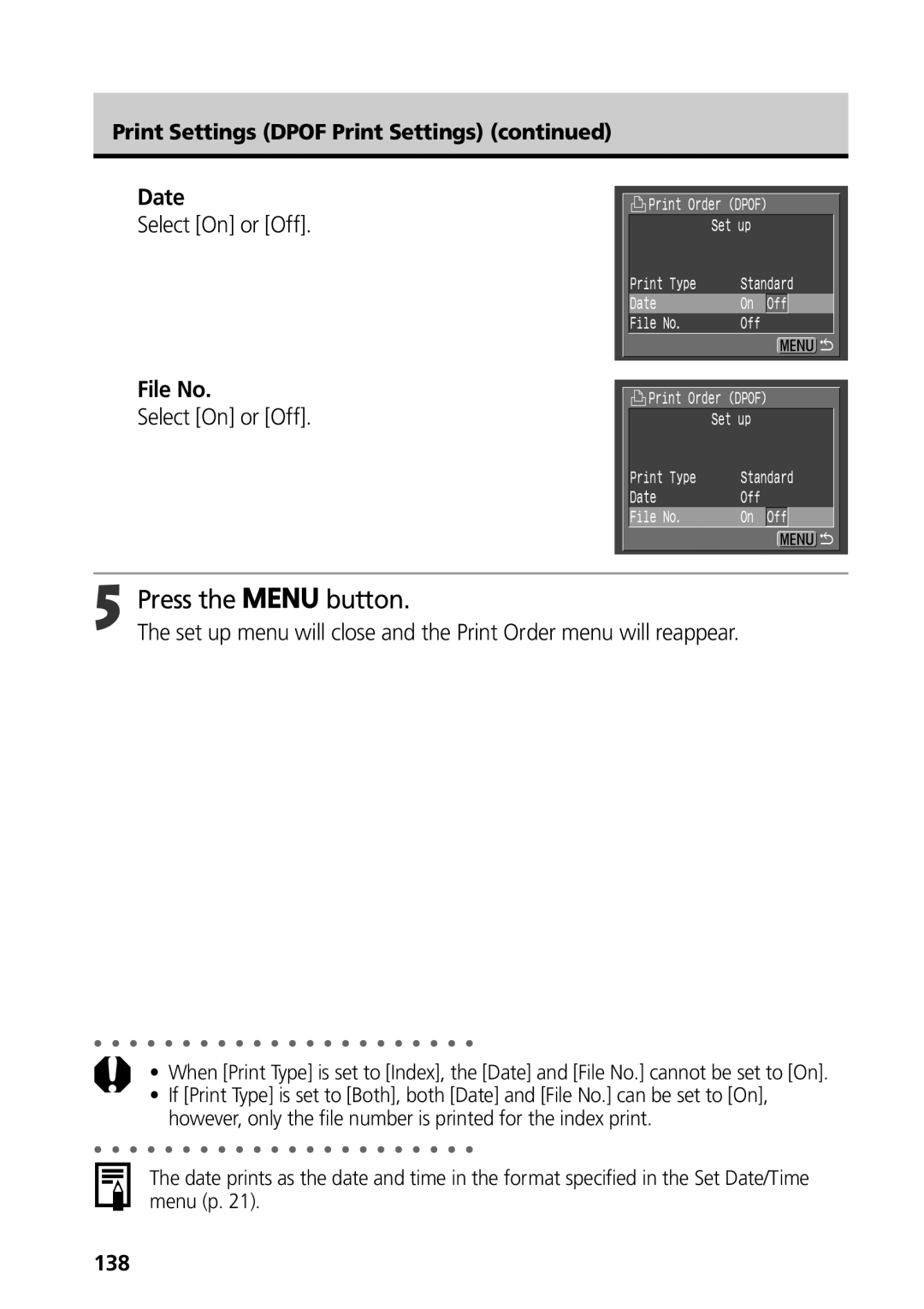 Canon S50 manual Date, File No, 138 