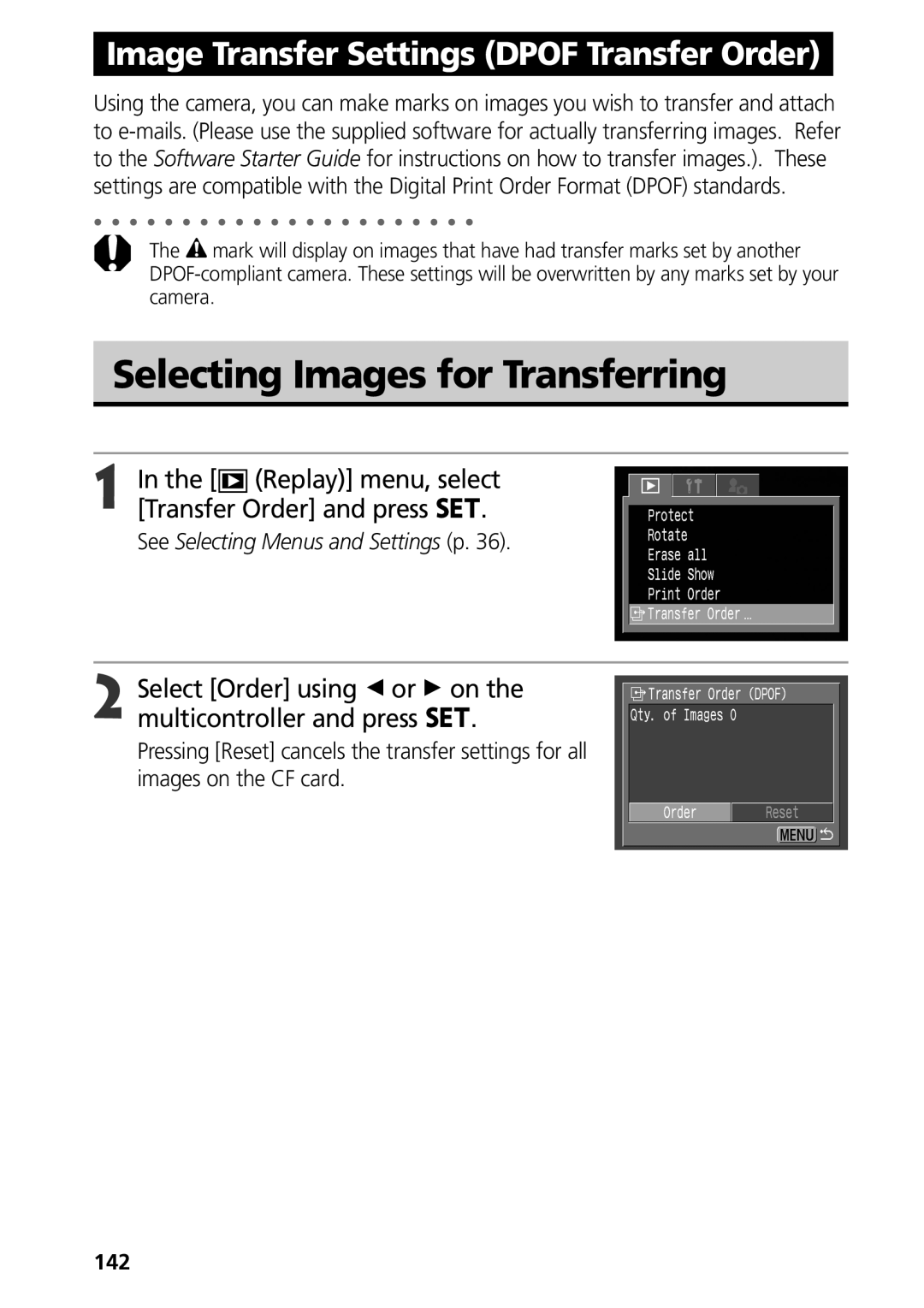 Canon S50 manual Selecting Images for Transferring, Replay menu, select Transfer Order and press, 142 