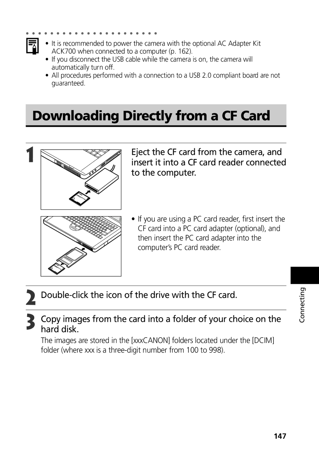 Canon S50 manual Downloading Directly from a CF Card, Eject the CF card from the camera, To the computer, 147 