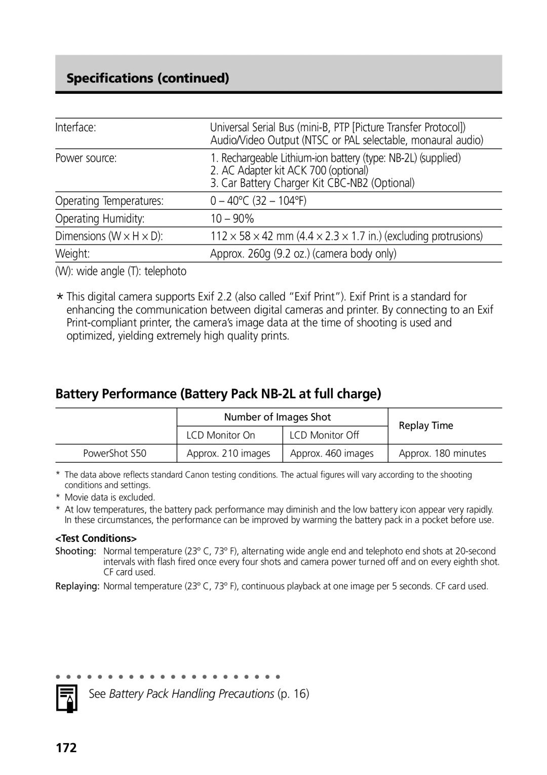 Canon S50 manual Battery Performance Battery Pack NB-2L at full charge, Specifications, 172 