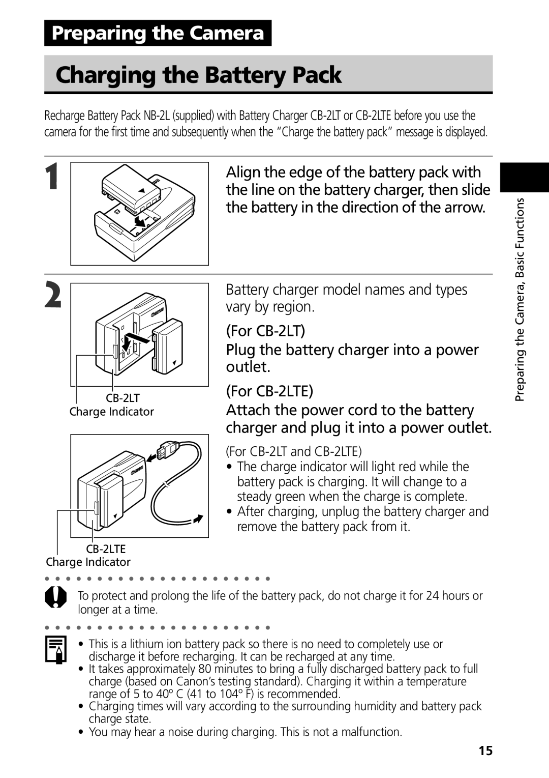 Canon S50 manual Charging the Battery Pack, Align the edge of the battery pack with, Battery in the direction of the arrow 