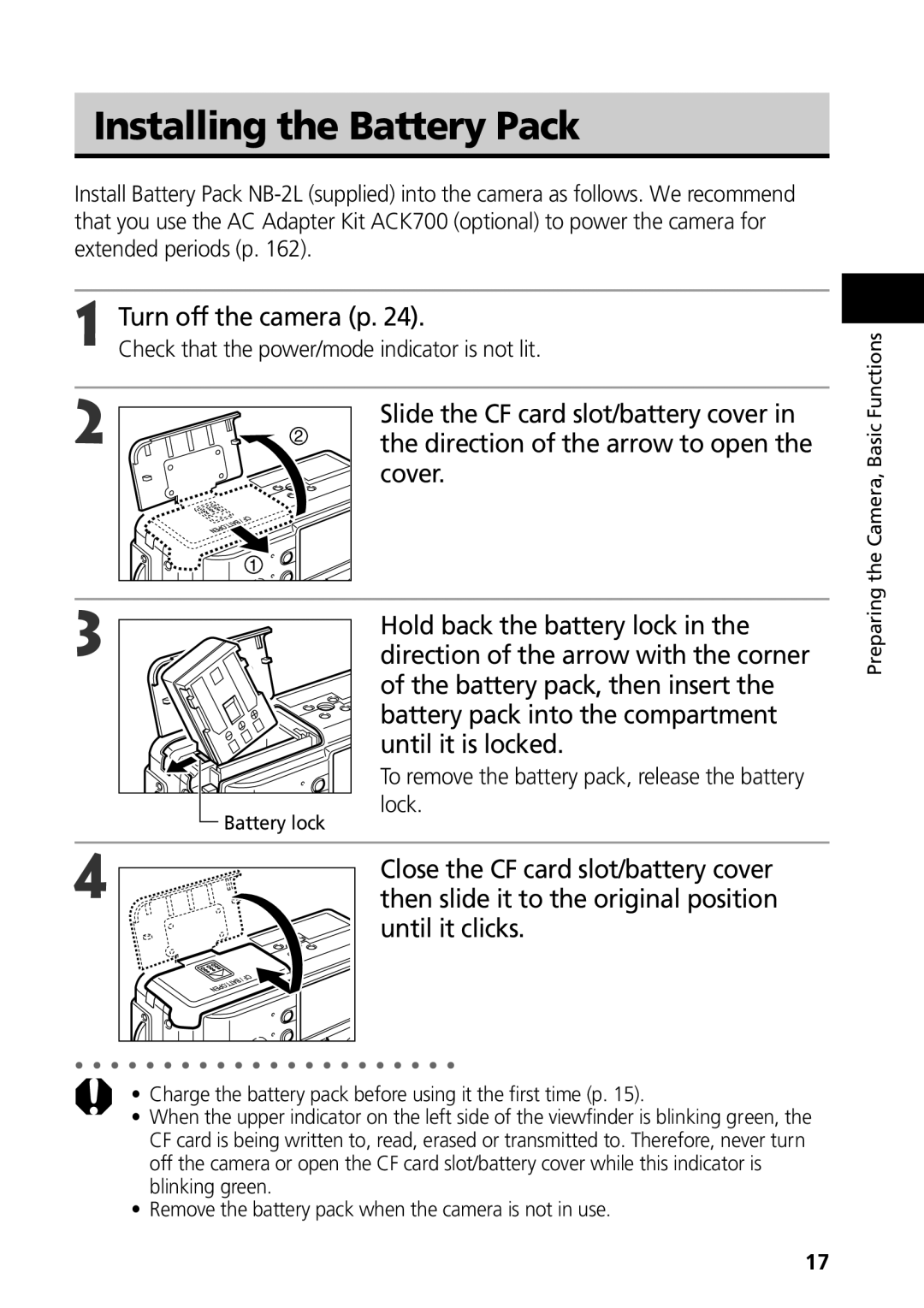 Canon S50 Installing the Battery Pack, Turn off the camera p, Then slide it to the original position, Until it clicks 