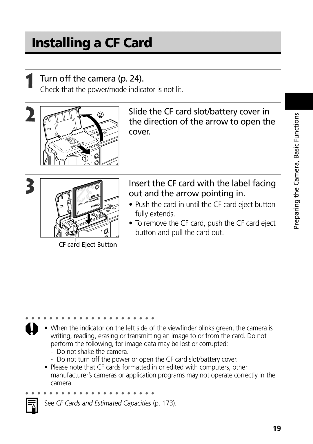 Canon S50 manual Installing a CF Card 