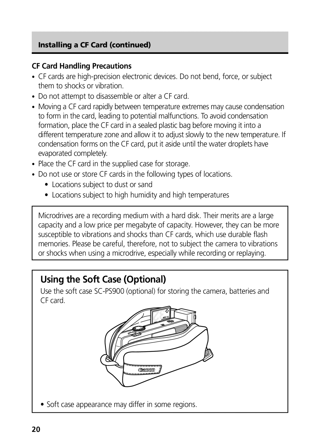 Canon S50 manual Using the Soft Case Optional, CF Card Handling Precautions, Installing a CF Card 