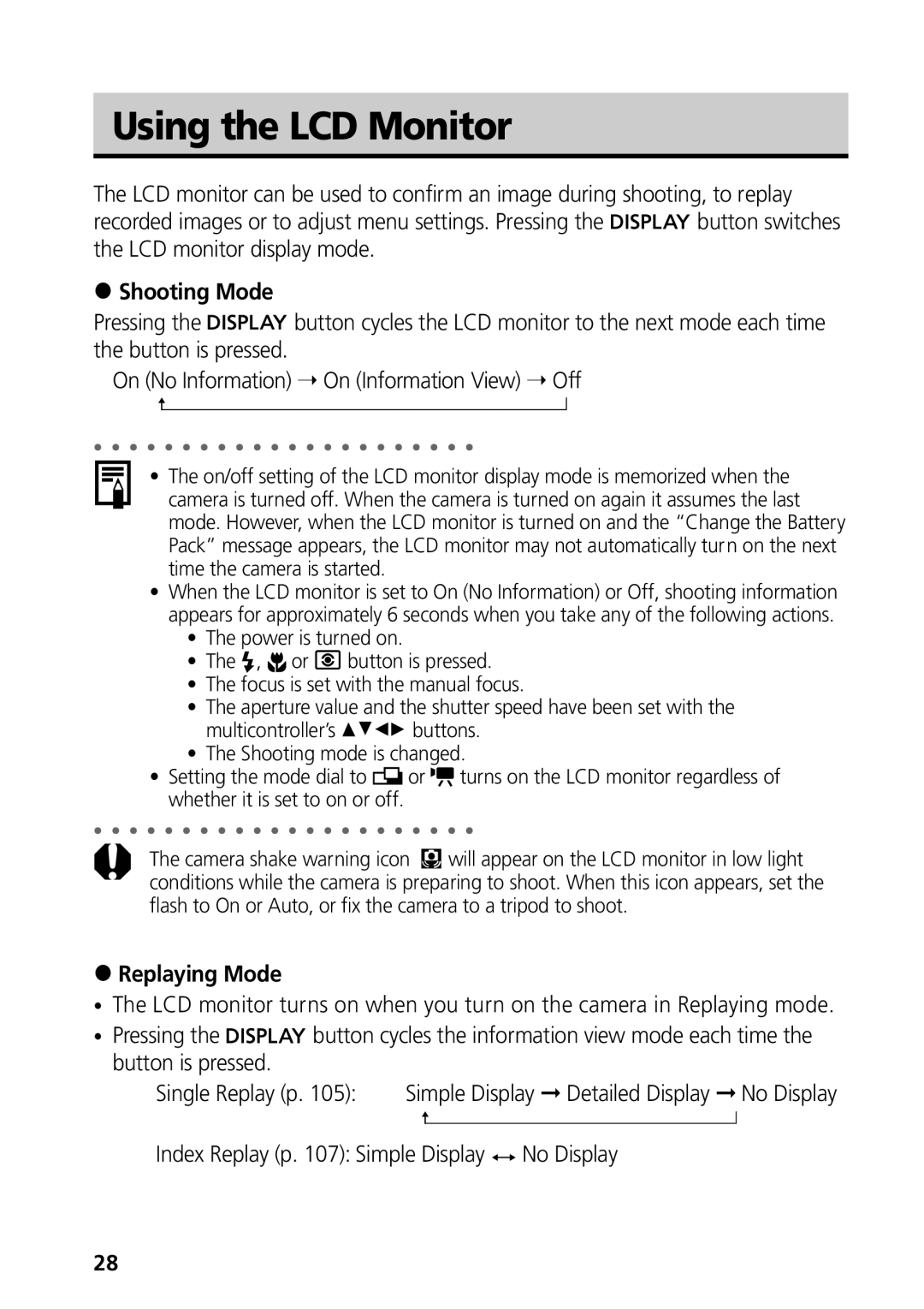 Canon S50 manual Using the LCD Monitor, Replaying Mode 