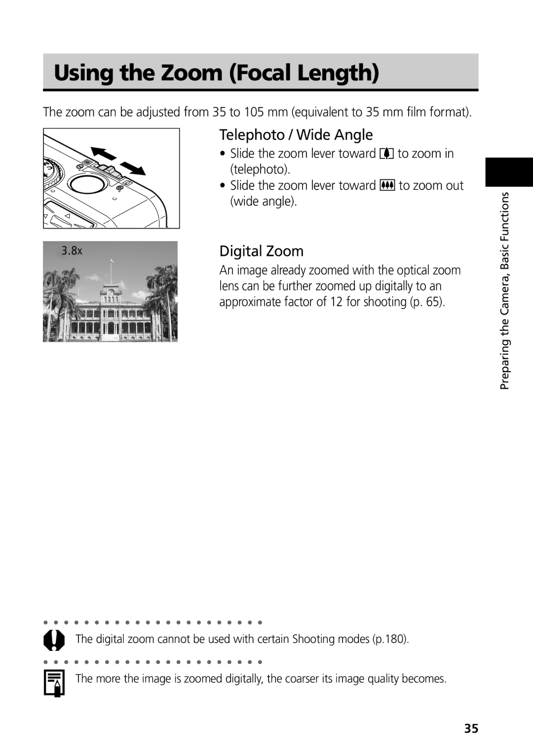 Canon S50 manual Using the Zoom Focal Length, Telephoto / Wide Angle, Digital Zoom 