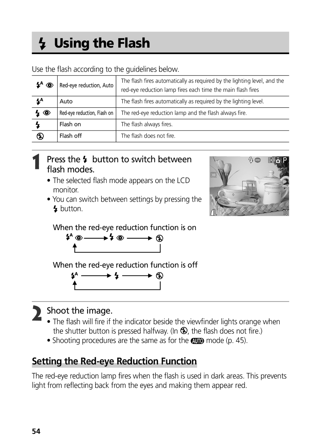 Canon S50 Using the Flash, Setting the Red-eye Reduction Function, Press the button to switch between flash modes, Mode p 