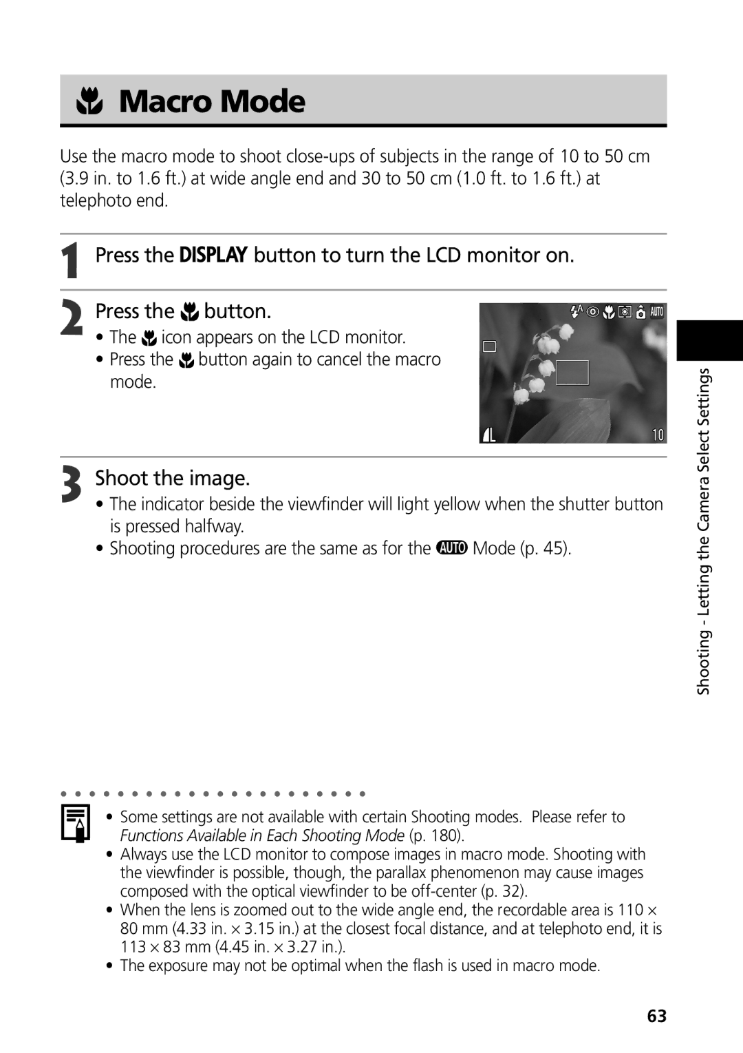 Canon S50 manual Macro Mode, Press Button to turn the LCD monitor on, Icon appears on the LCD monitor, Is pressed halfway 