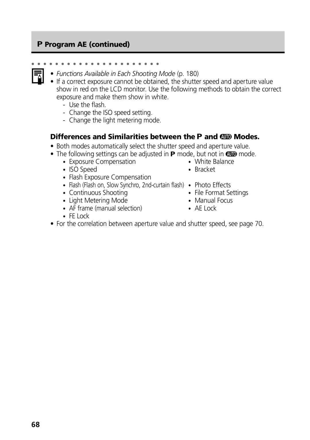 Canon S50 manual Program AE, Differences and Similarities between the and Modes 