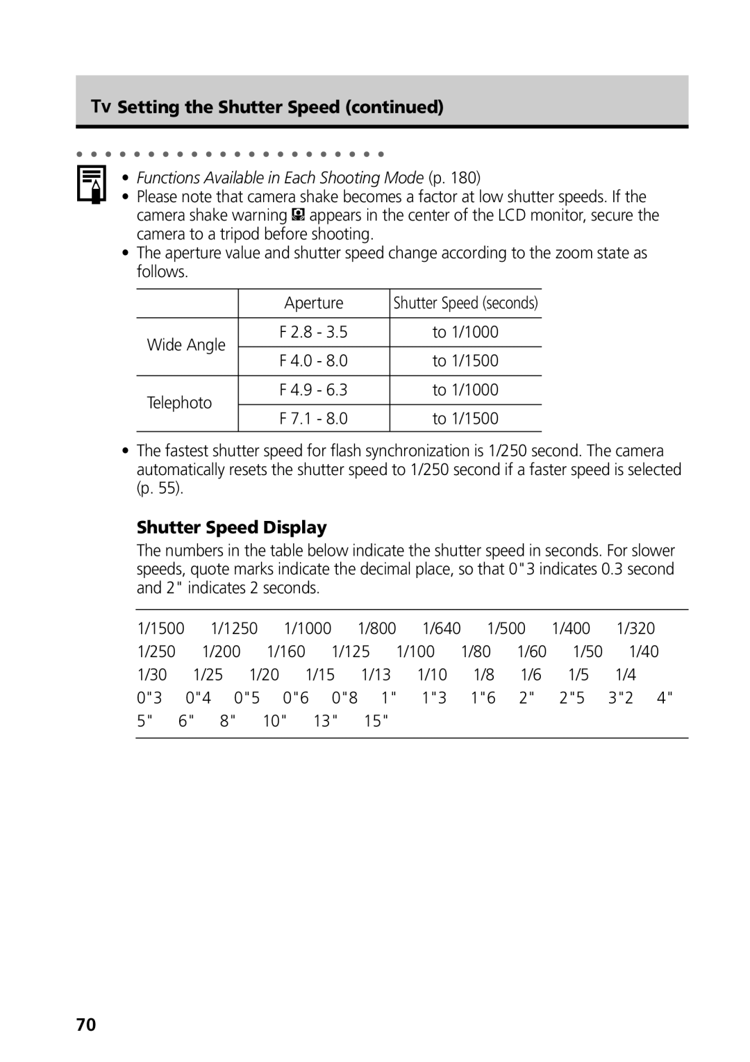 Canon S50 manual Setting the Shutter Speed, Wide Angle, Telephoto, Shutter Speed Display 