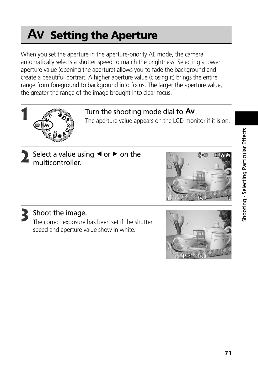 Canon S50 manual Setting the Aperture 