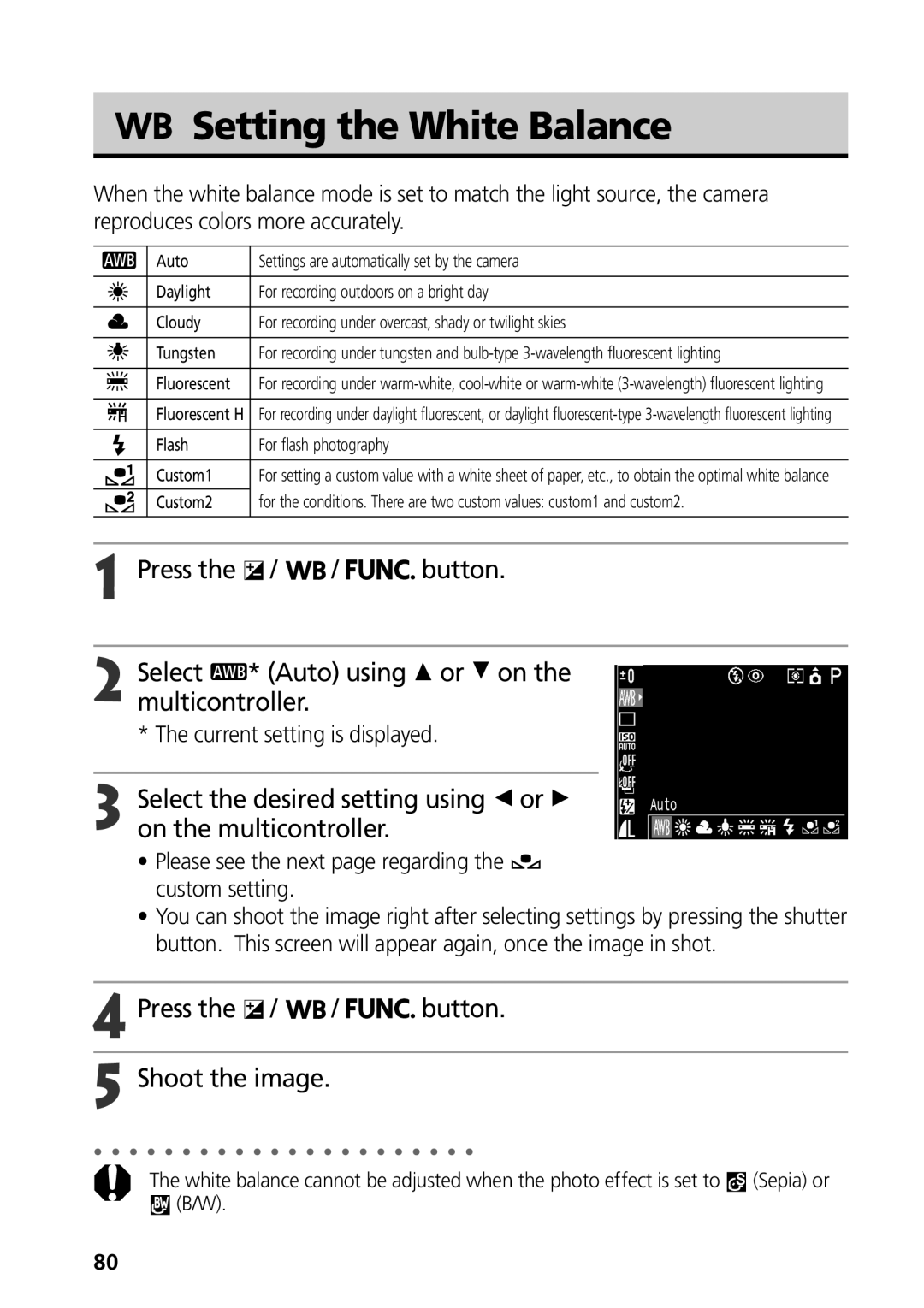 Canon S50 manual Setting the White Balance, Select * Auto using C or D on the multicontroller, Press 