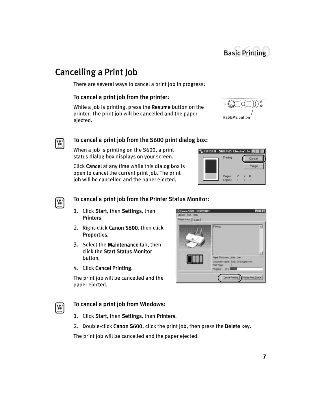 Canon S600 quick start Cancelling a Print Job, To cancel a print job from the printer, To cancel a print job from Windows 