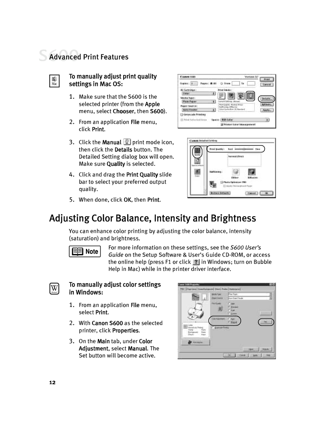 Canon S600 Adjusting Color Balance, Intensity and Brightness, To manually adjust print quality settings in Mac OS 