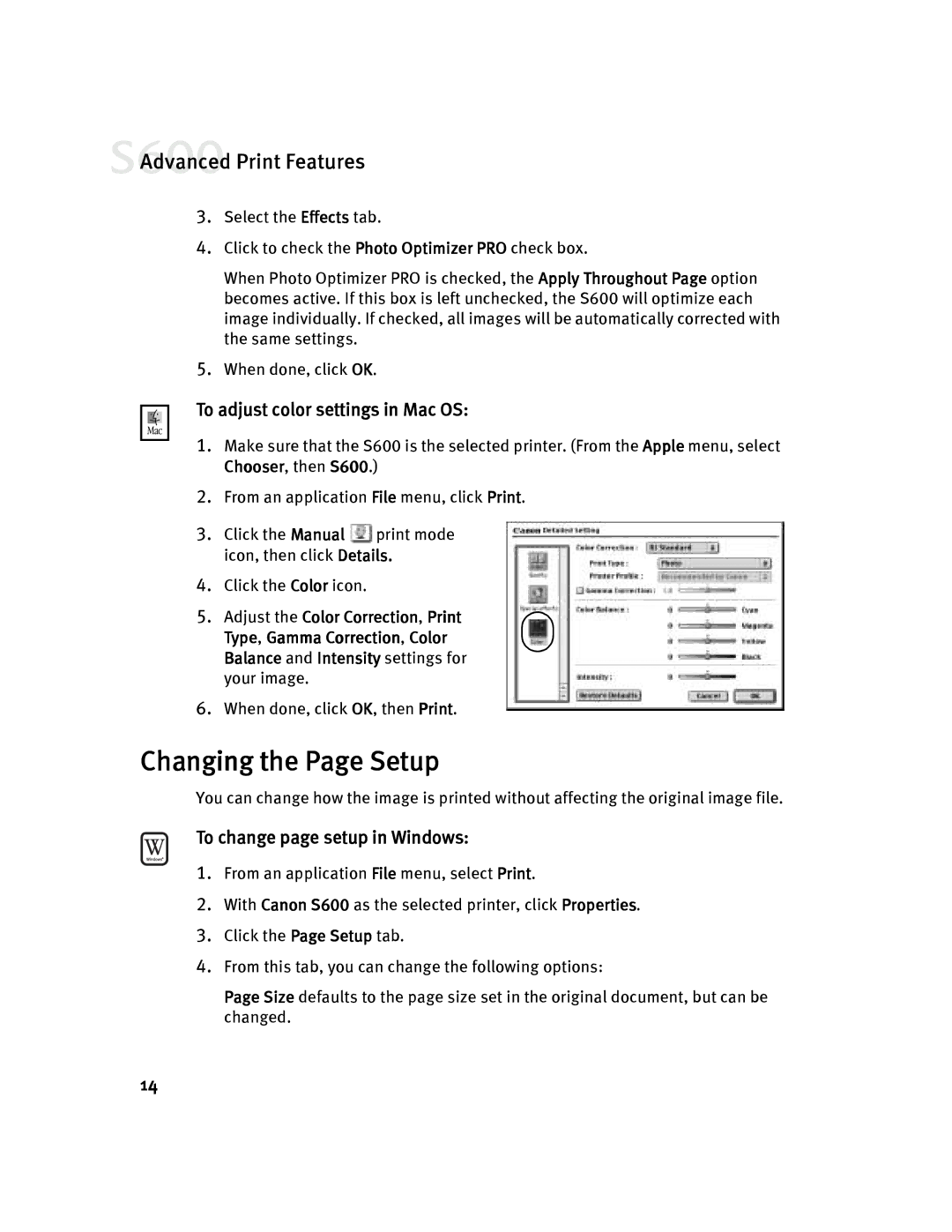 Canon S600 quick start Changing the Page Setup, To adjust color settings in Mac OS, To change page setup in Windows 