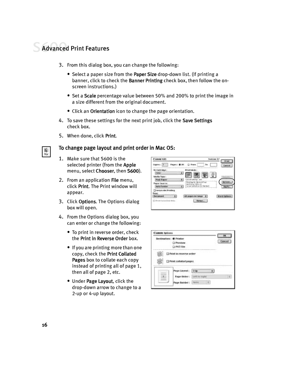 Canon S600 quick start To change page layout and print order in Mac OS 