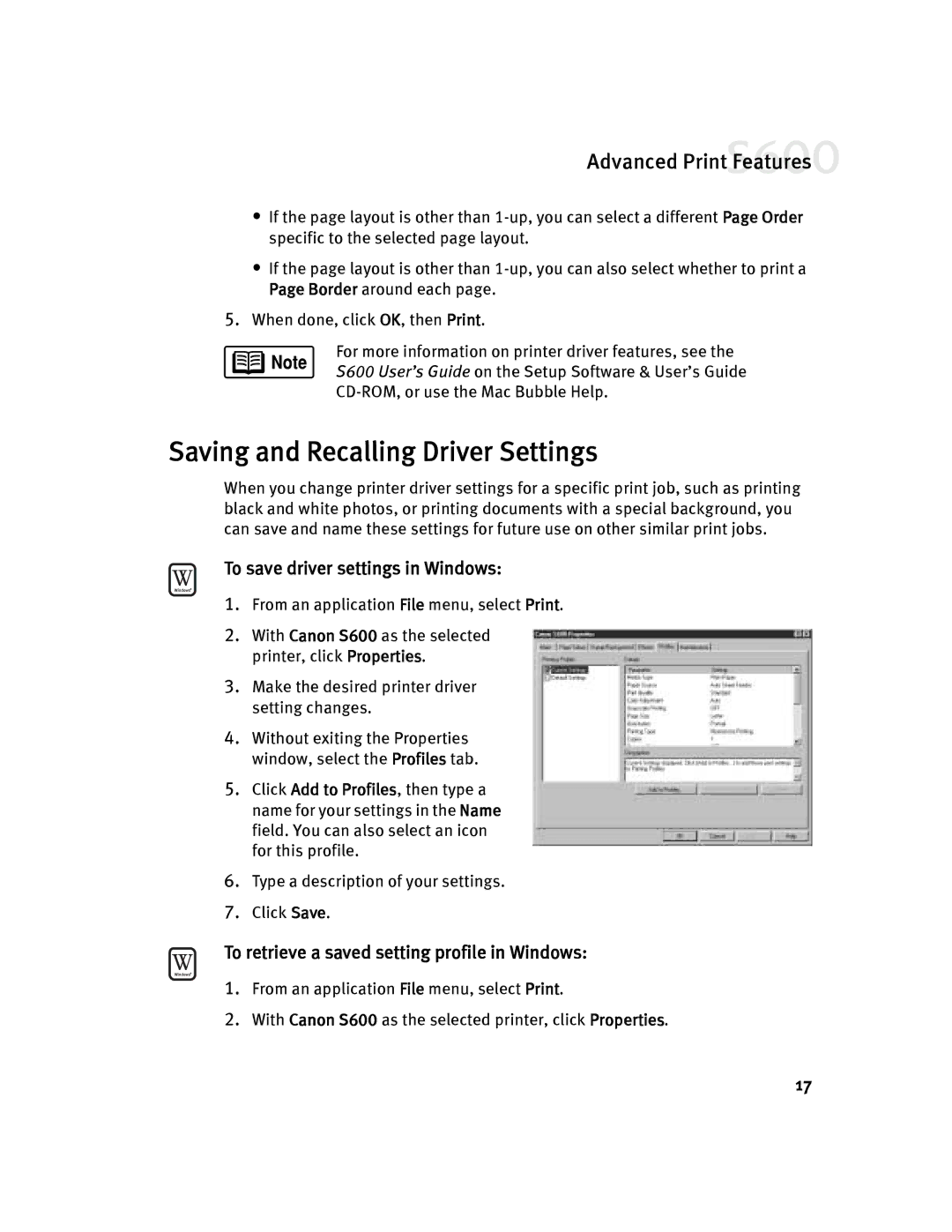 Canon S600 quick start Saving and Recalling Driver Settings, To save driver settings in Windows 