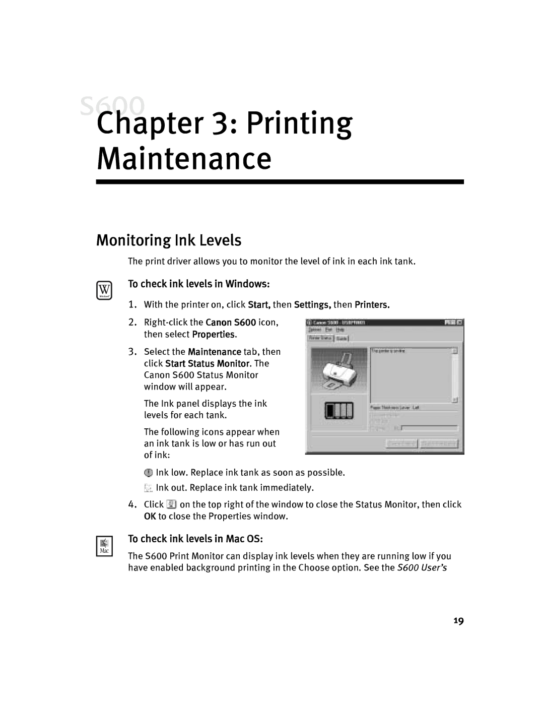 Canon S600 Printing Maintenance, Monitoring Ink Levels, To check ink levels in Windows, To check ink levels in Mac OS 