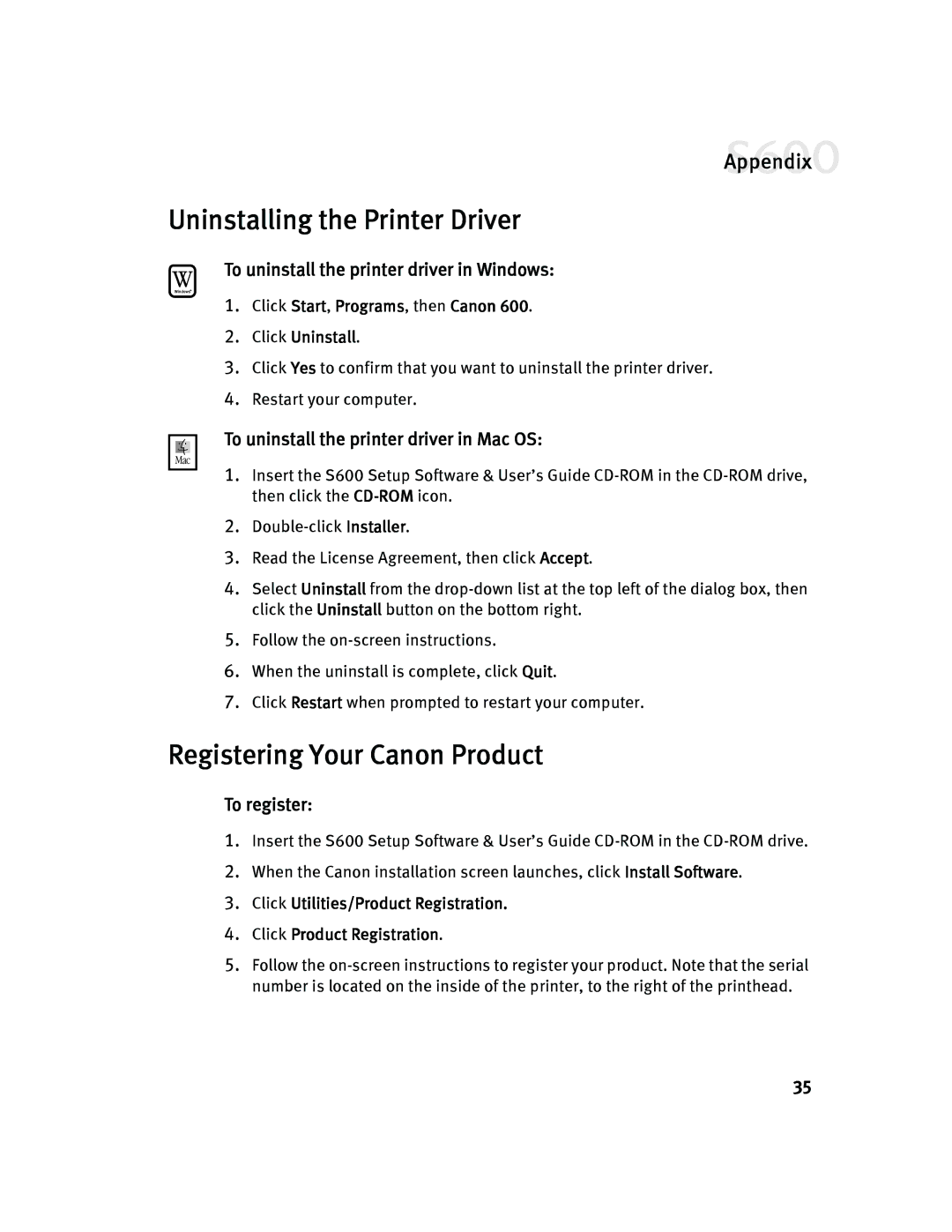 Canon S600 Uninstalling the Printer Driver, Registering Your Canon Product, To uninstall the printer driver in Windows 