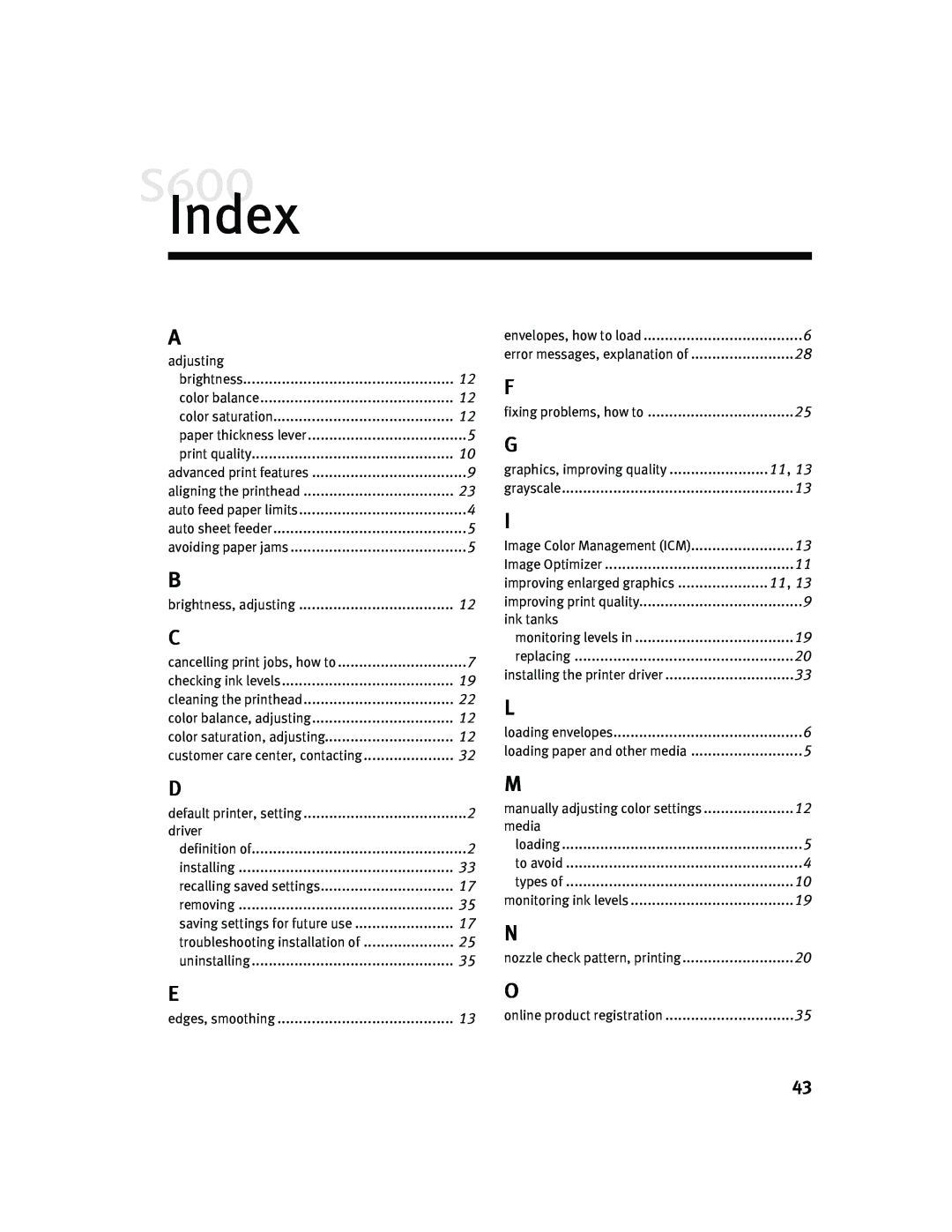 Canon S600 quick start Index 