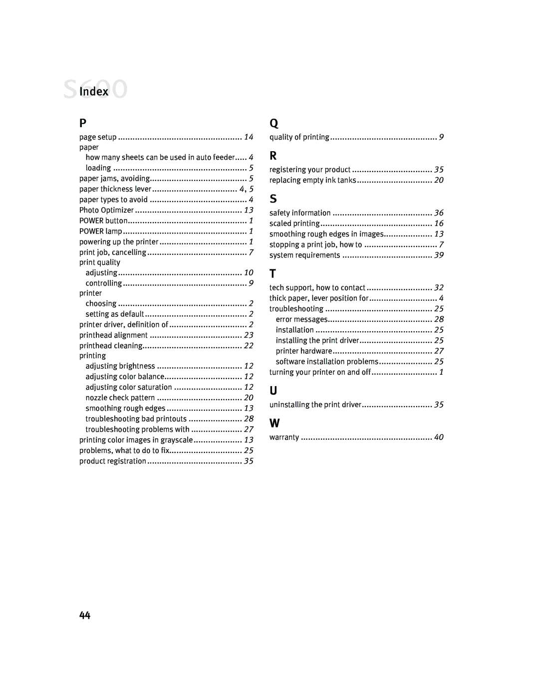 Canon S600 quick start Index 