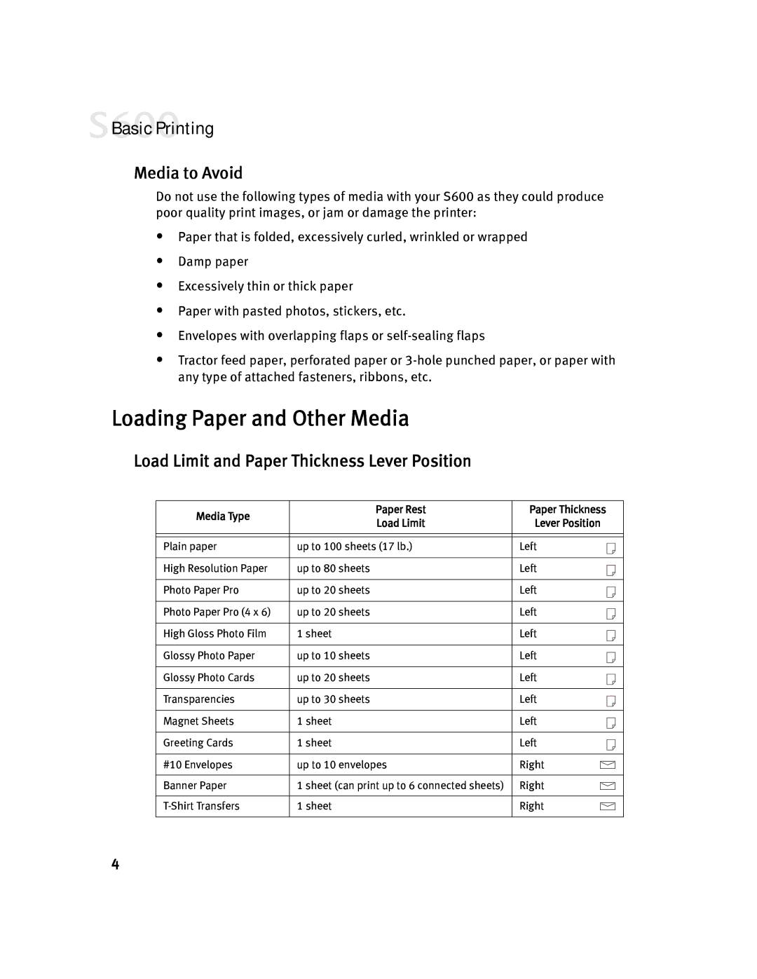 Canon S600 quick start Loading Paper and Other Media, Media to Avoid 