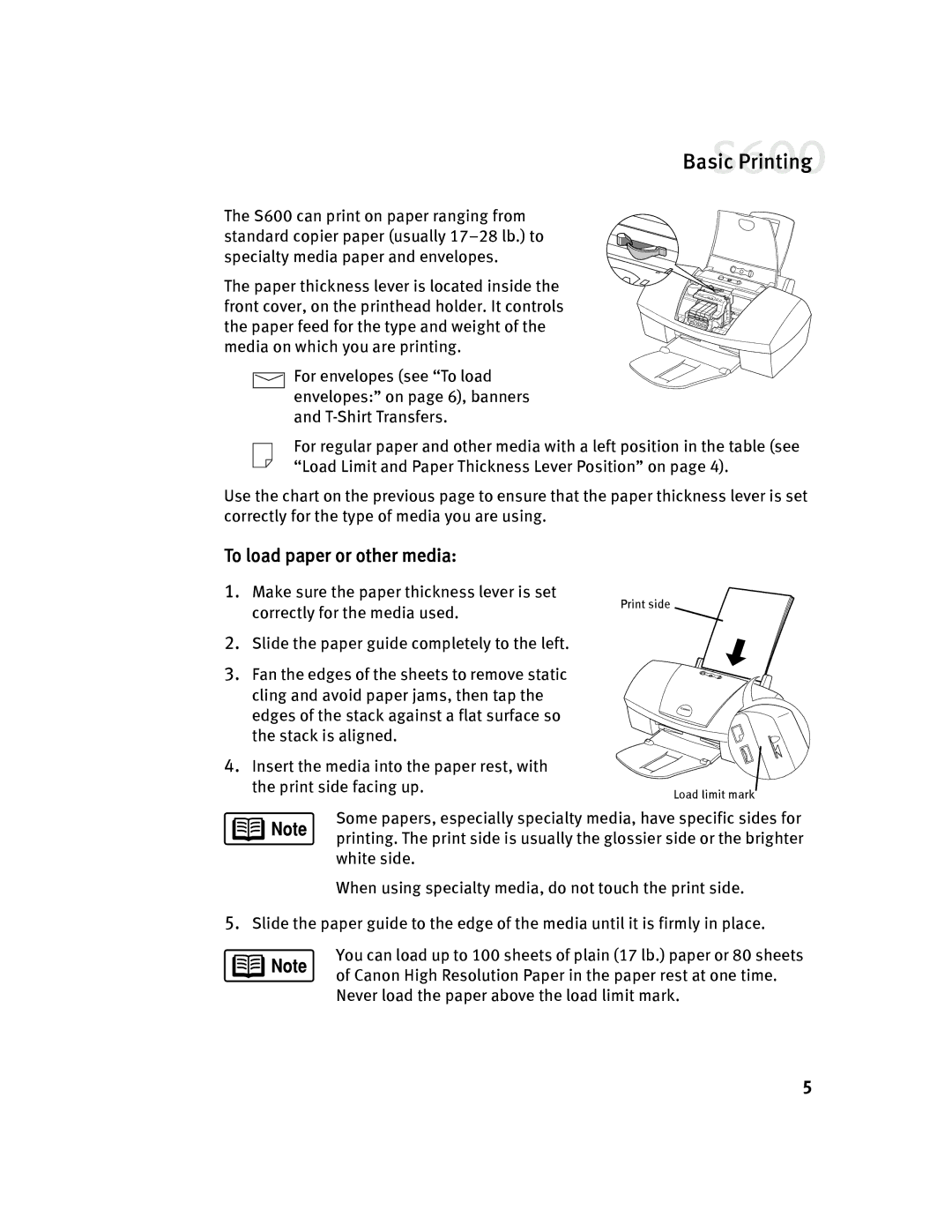 Canon S600 quick start To load paper or other media 