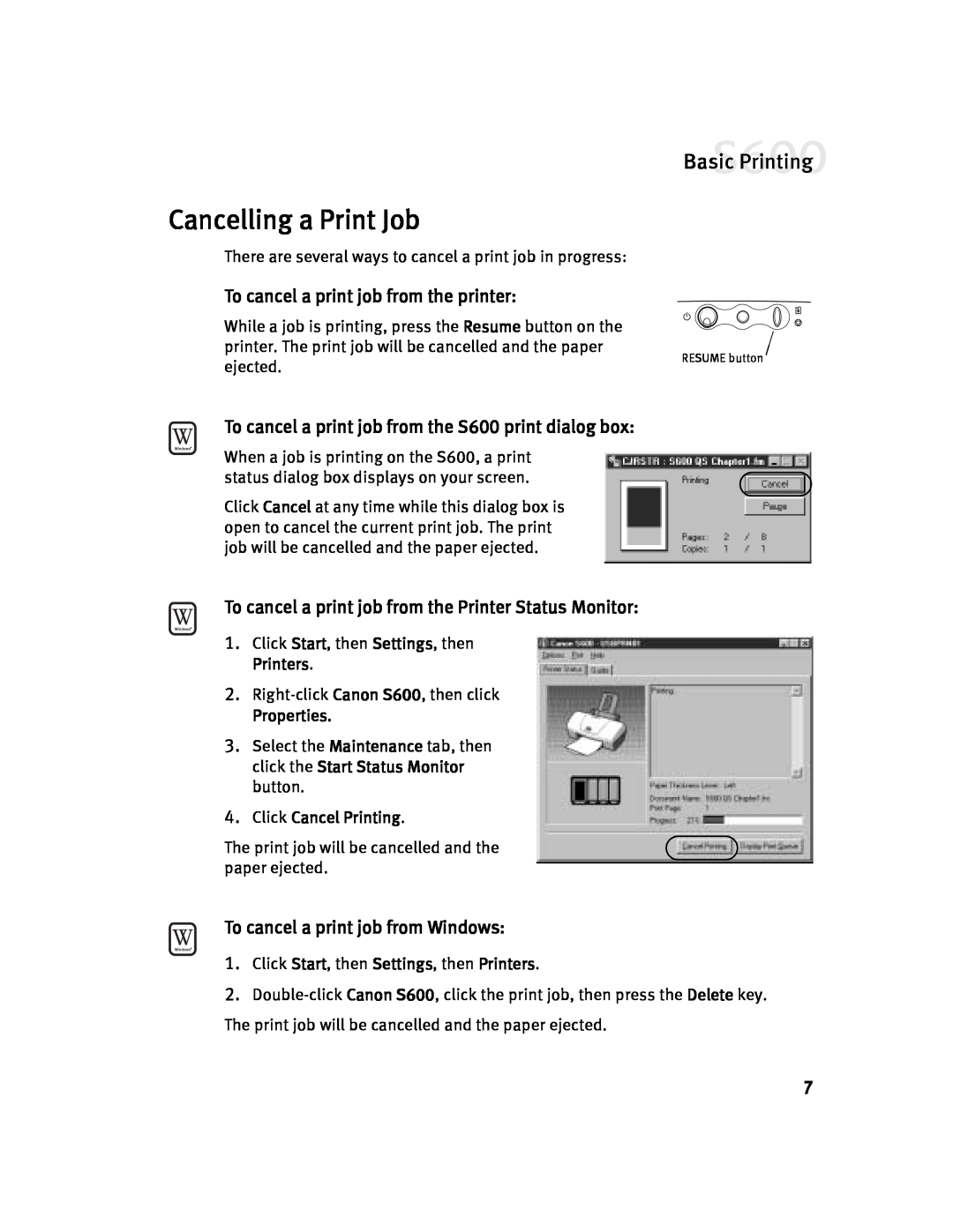 Canon S600 Cancelling a Print Job, To cancel a print job from the printer, To cancel a print job from Windows, Properties 
