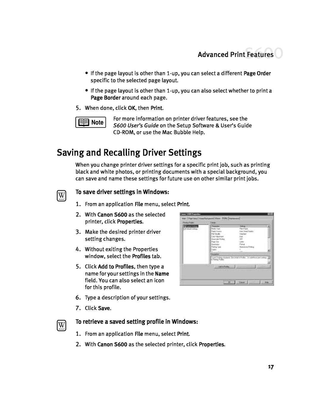 Canon S600 quick start Saving and Recalling Driver Settings, To save driver settings in Windows, Advanced Print Features 