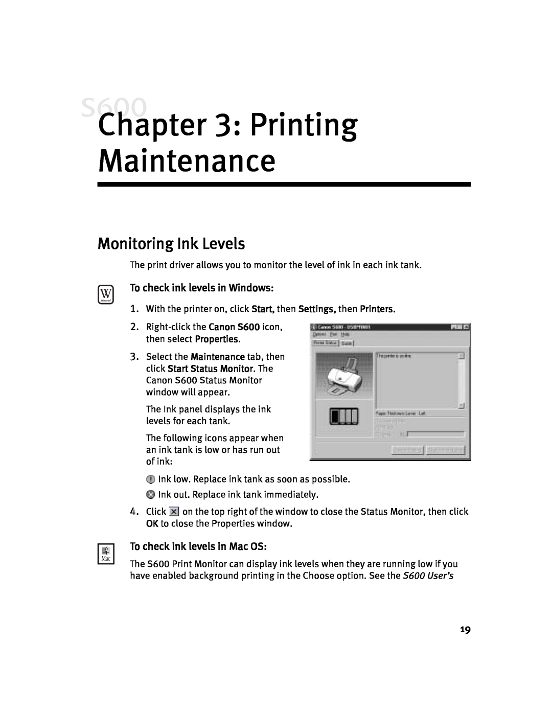 Canon S600 Printing Maintenance, Monitoring Ink Levels, To check ink levels in Windows, To check ink levels in Mac OS 