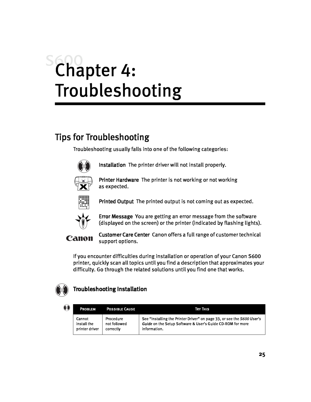 Canon S600 quick start Chapter Troubleshooting, Tips for Troubleshooting, Troubleshooting Installation 