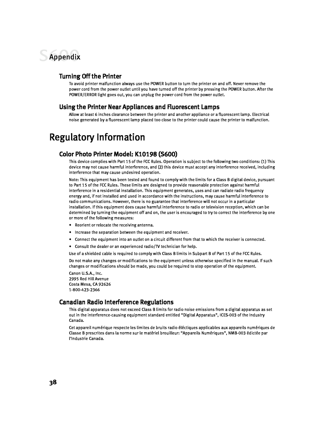Canon S600 Regulatory Information, Turning Off the Printer, Using the Printer Near Appliances and Fluorescent Lamps 