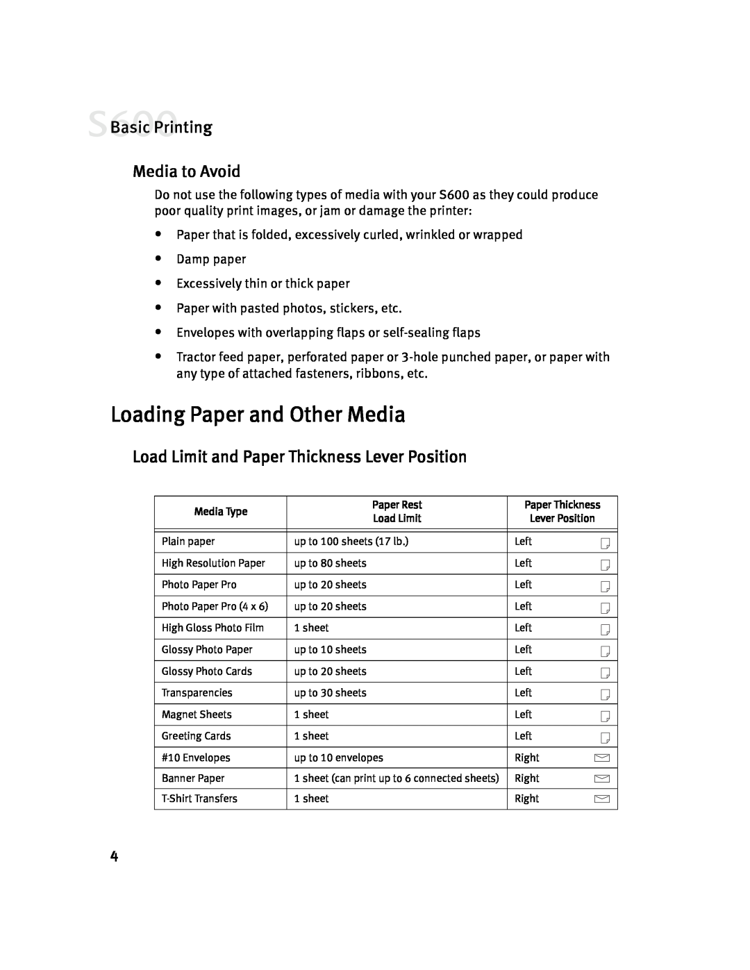 Canon S600 Loading Paper and Other Media, Media to Avoid, Load Limit and Paper Thickness Lever Position, Basic Printing 