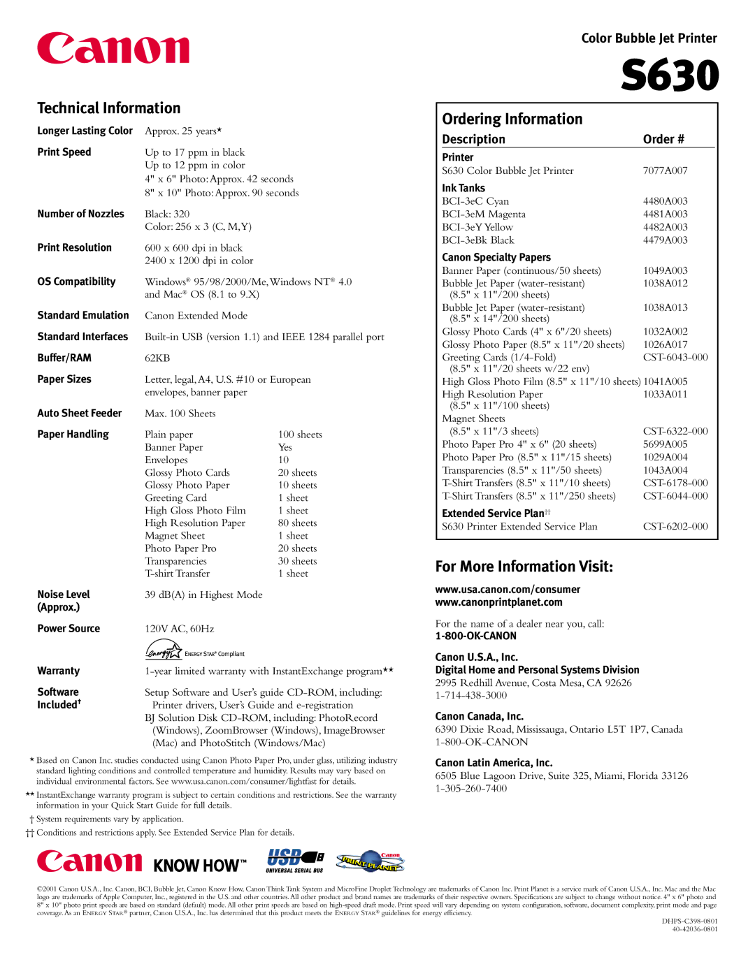 Canon S630 manual Technical Information, Ordering Information, For More Information Visit 