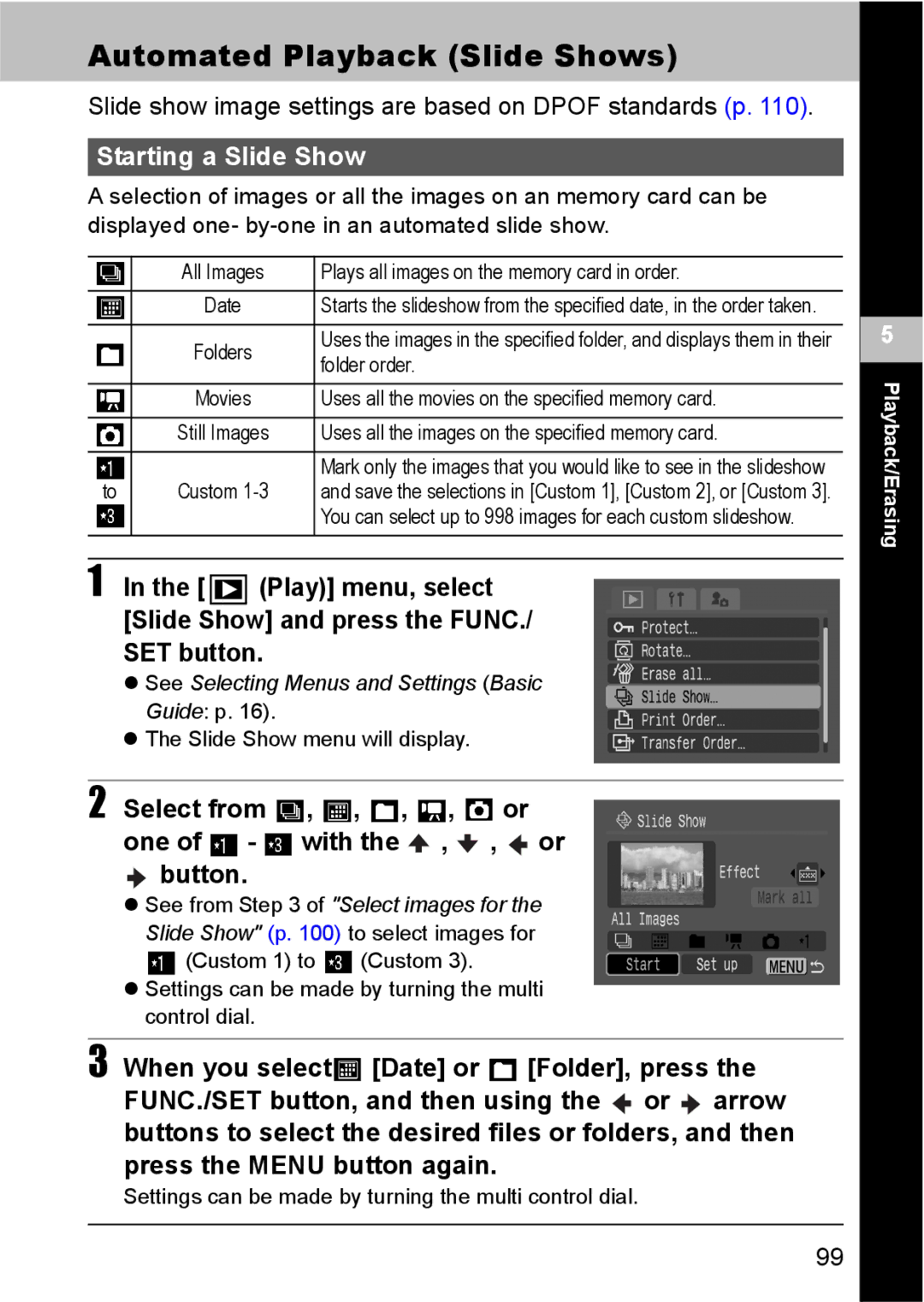 Canon S80 Automated Playback Slide Shows, Slide show image settings are based on Dpof standards p, Starting a Slide Show 