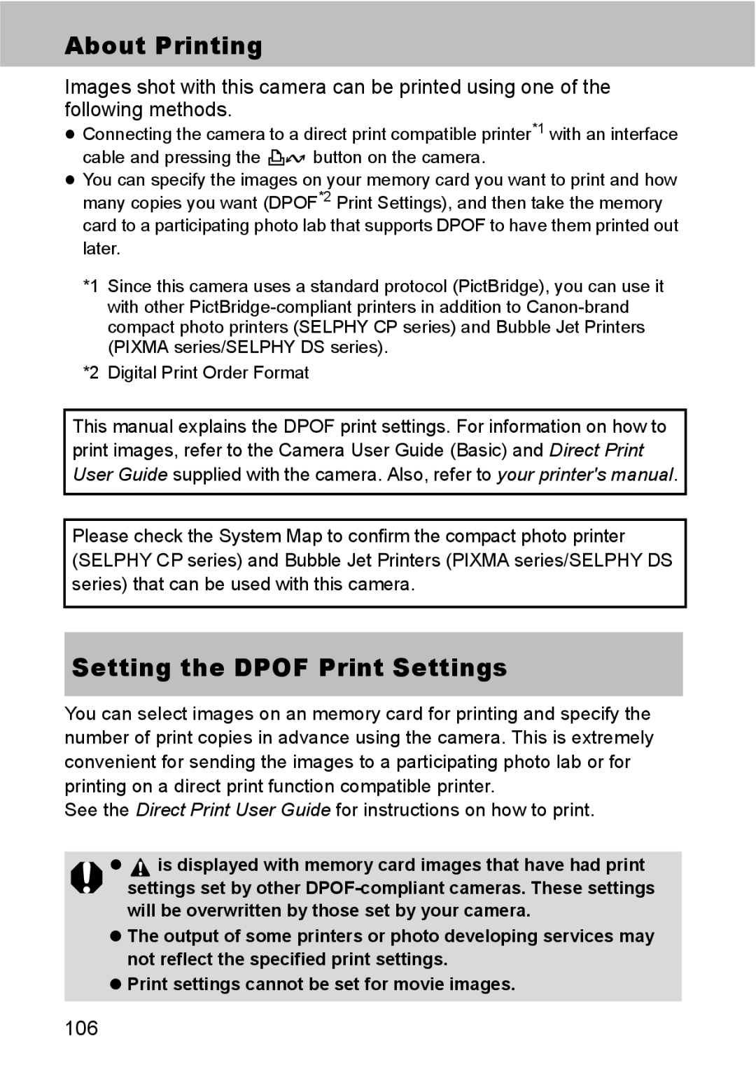 Canon S80 manual About Printing, Setting the Dpof Print Settings, 106 