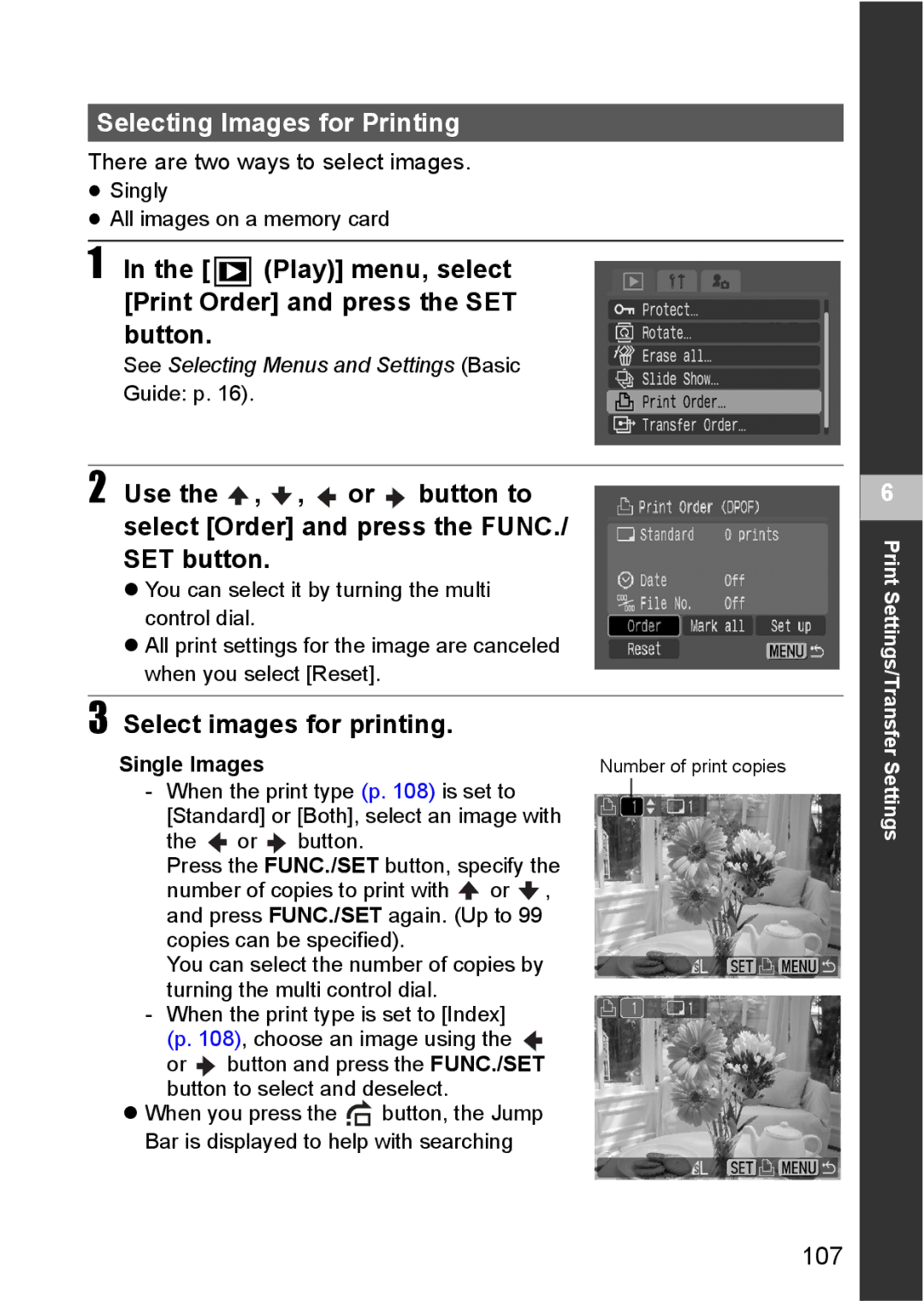 Canon S80 manual Selecting Images for Printing, Play menu, select Print Order and press the SET button, 107, Single Images 