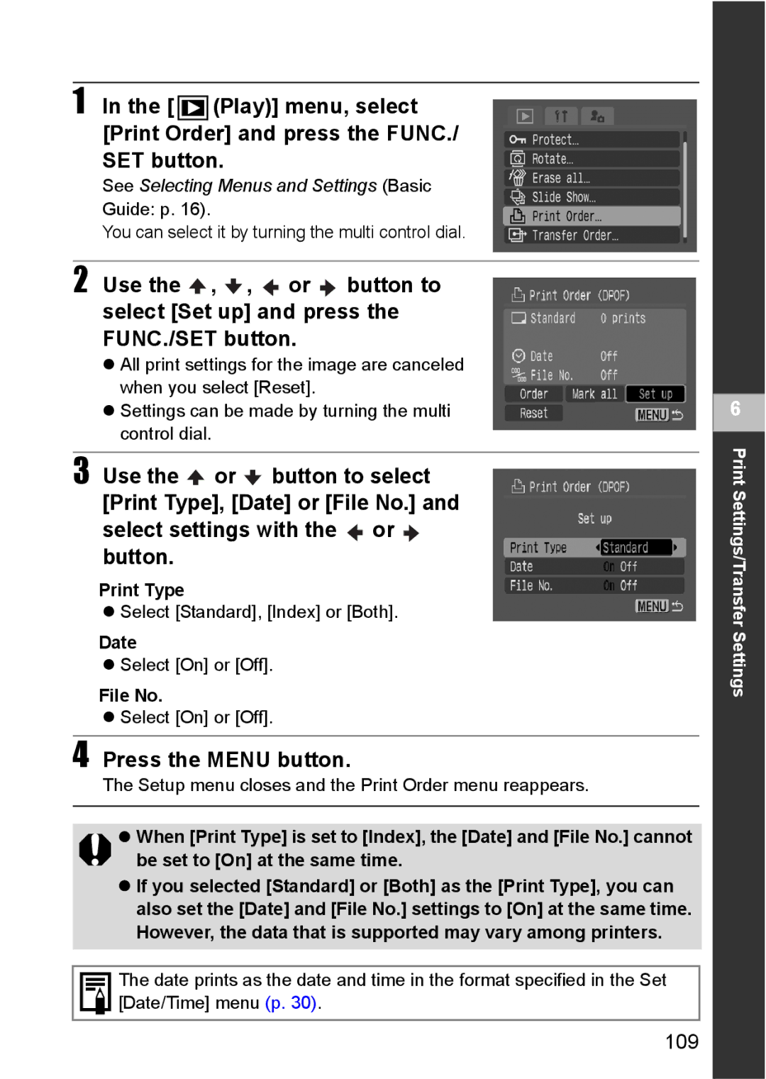 Canon S80 manual 109, Print Type, Date, File No 