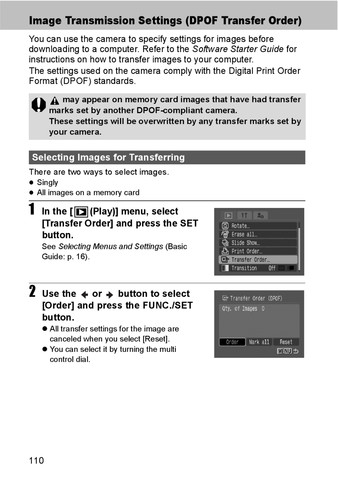 Canon S80 manual Selecting Images for Transferring, Play menu, select Transfer Order and press the SET button, 110 