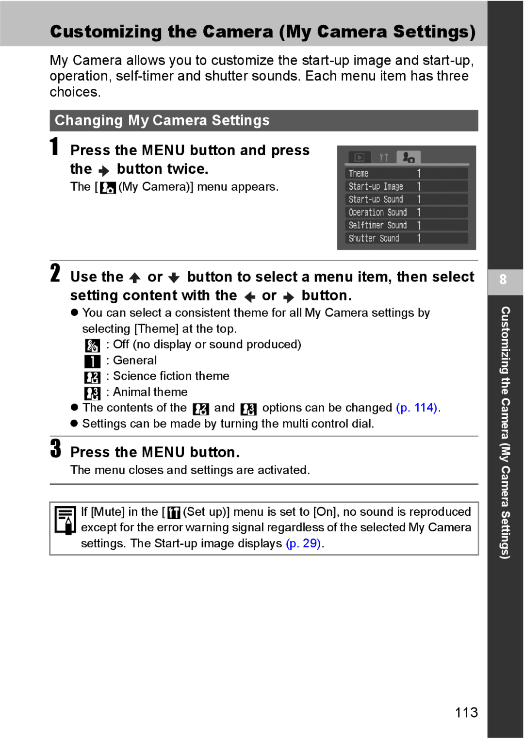 Canon S80 manual Customizing the Camera My Camera Settings, Changing My Camera Settings, 113 