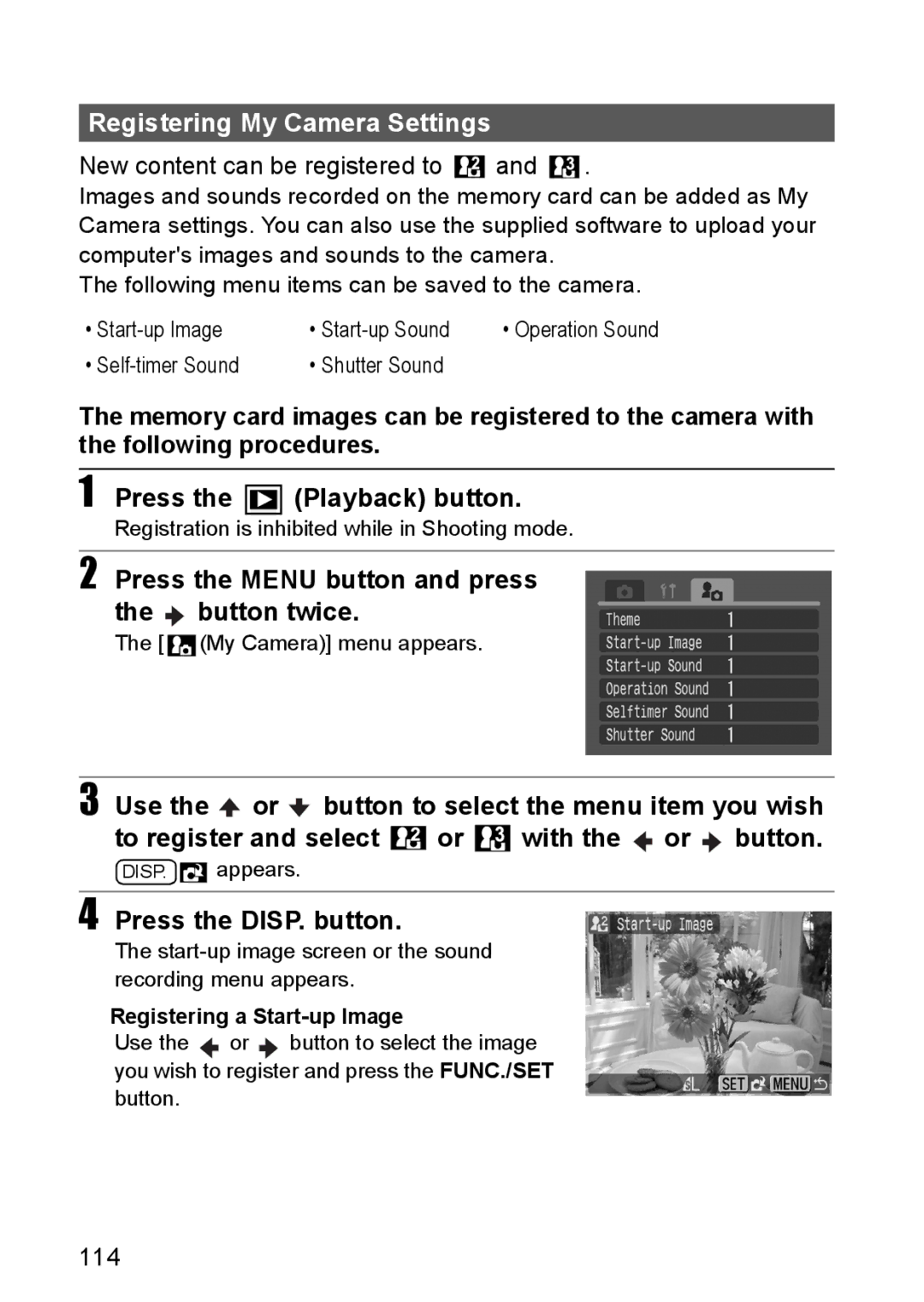 Canon S80 manual Registering My Camera Settings, New content can be registered to, Press the DISP. button, 114 