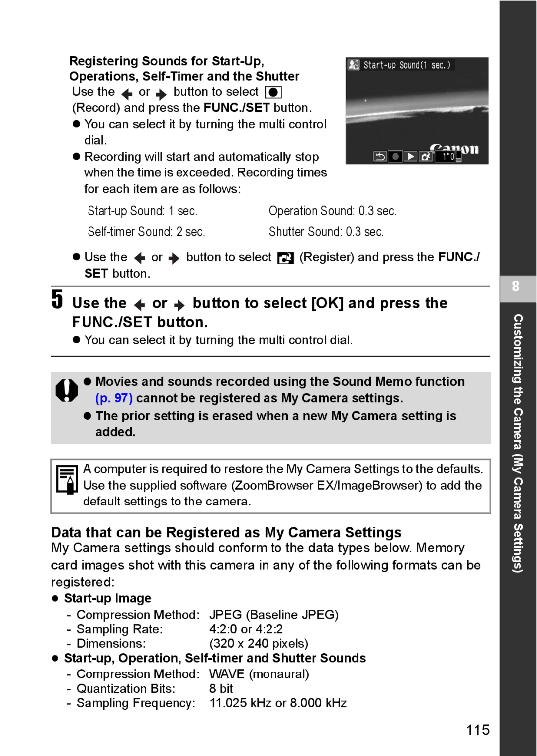 Canon S80 Use the or button to select OK and press FUNC./SET button, Data that can be Registered as My Camera Settings 