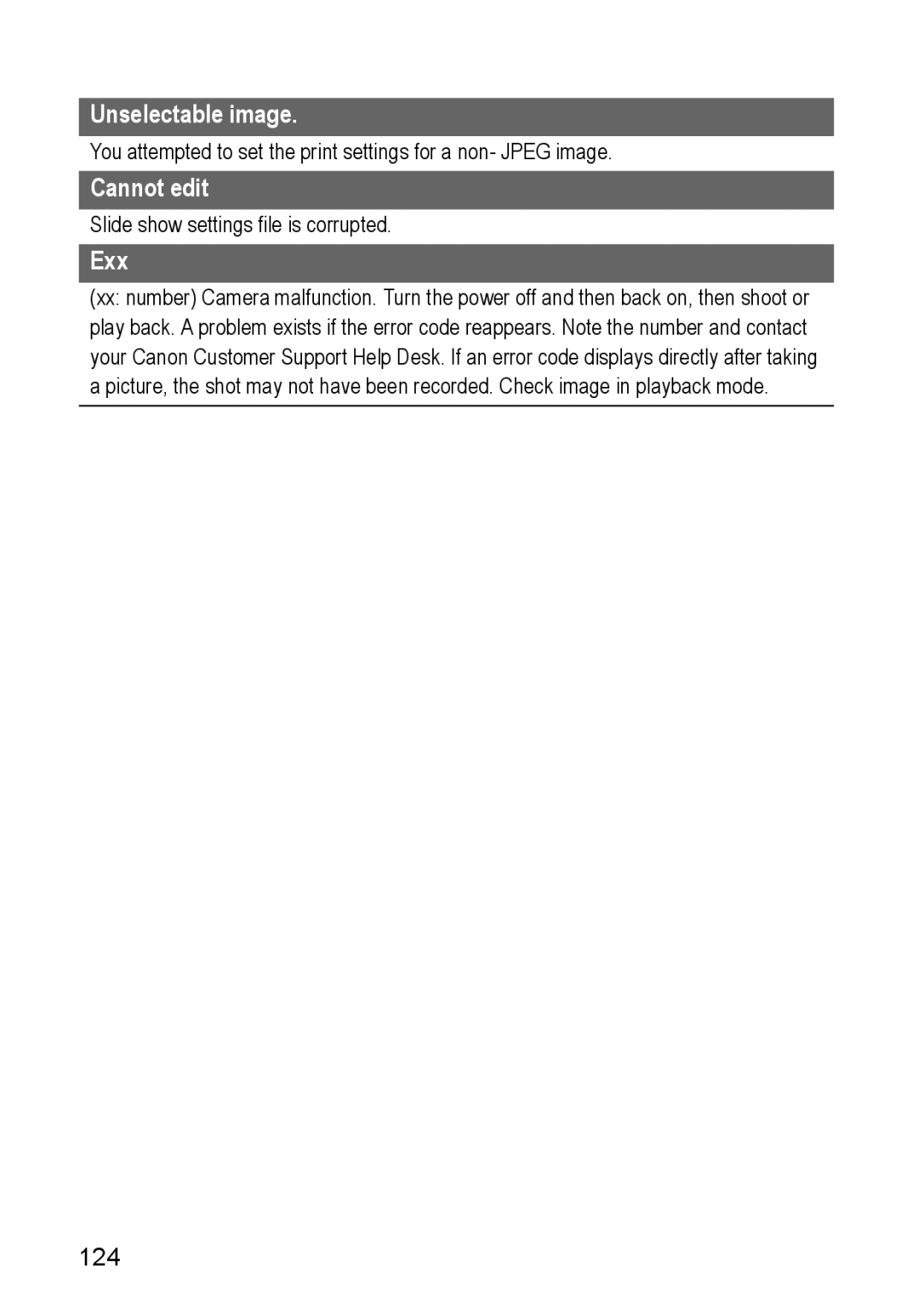 Canon S80 manual Unselectable image, Cannot edit, Exx, 124 