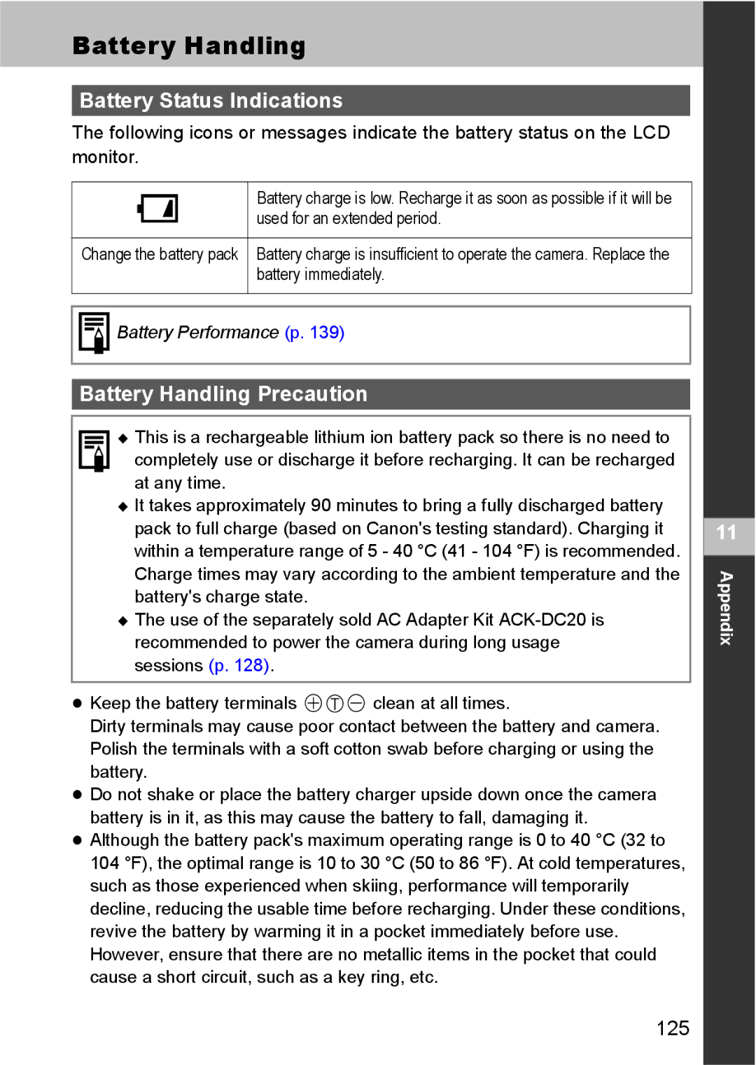 Canon S80 manual Battery Status Indications, Battery Handling Precaution, 125 