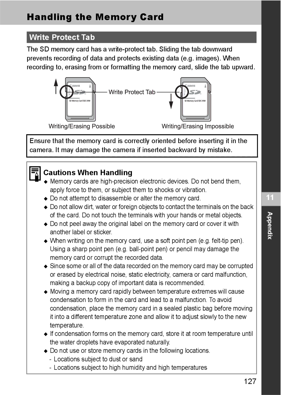 Canon S80 manual Handling the Memory Card, Write Protect Tab, 127 