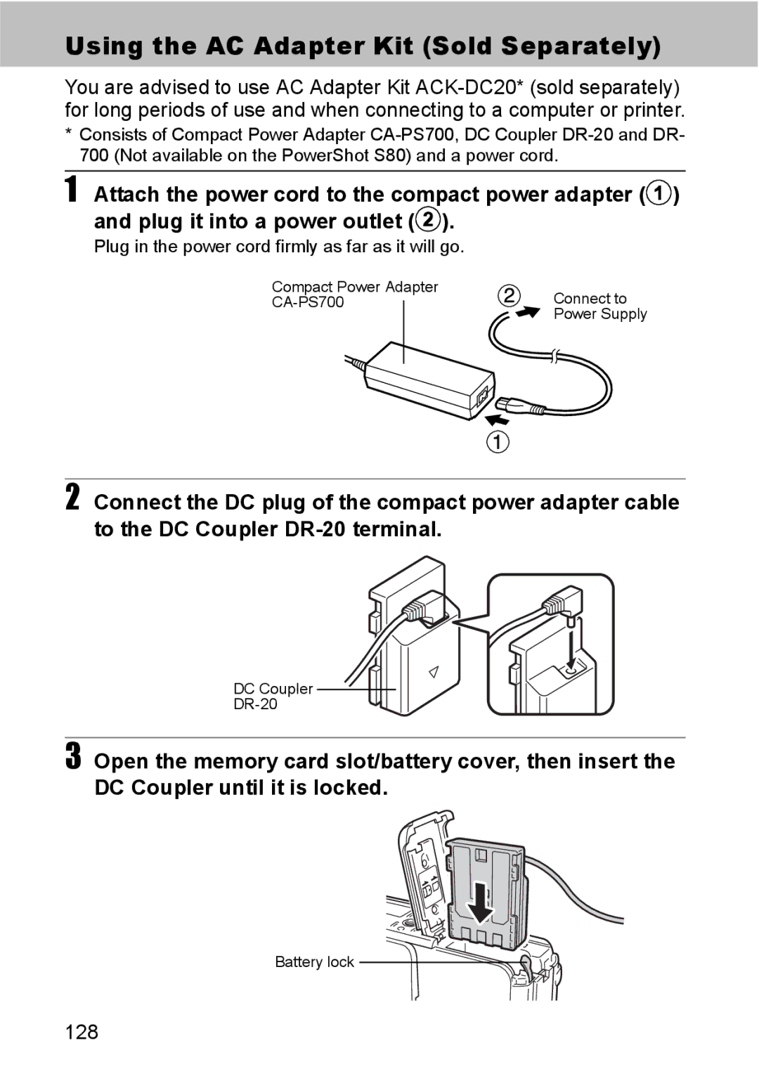 Canon S80 manual Using the AC Adapter Kit Sold Separately, 128 